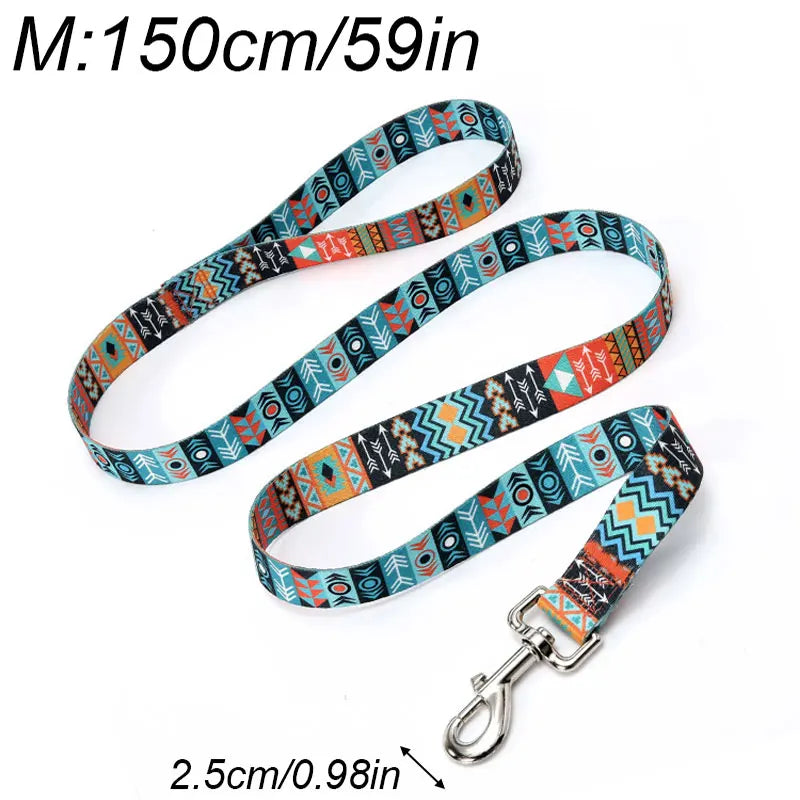 An ethnic striped pattern dog leash measuring 150cm/59in with a metal D-ring and a 2.5cm clip.
