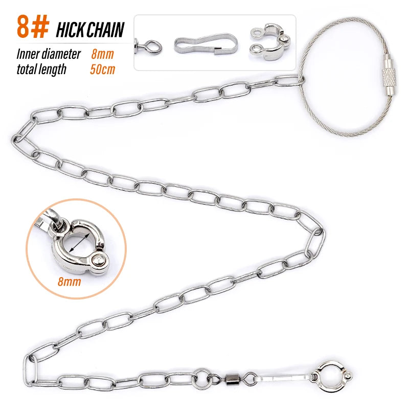 Stainless steel hick chain collar with a lobster clasp and a separate 8mm chain link shown in various lengths.