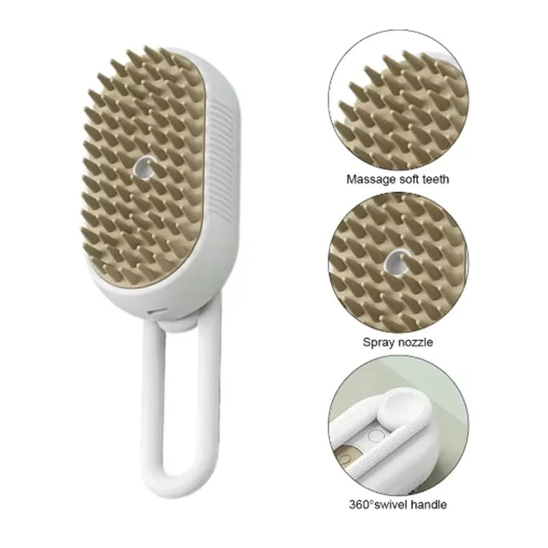 A white pet grooming comb and massage brush with a swivel handle shown in detail.