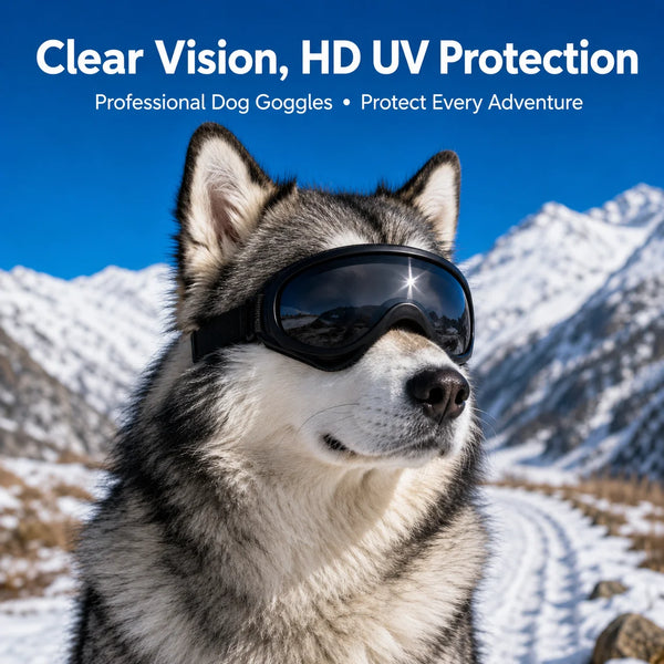 A husky dog wearing black sunglasses in a snowy mountain landscape.
