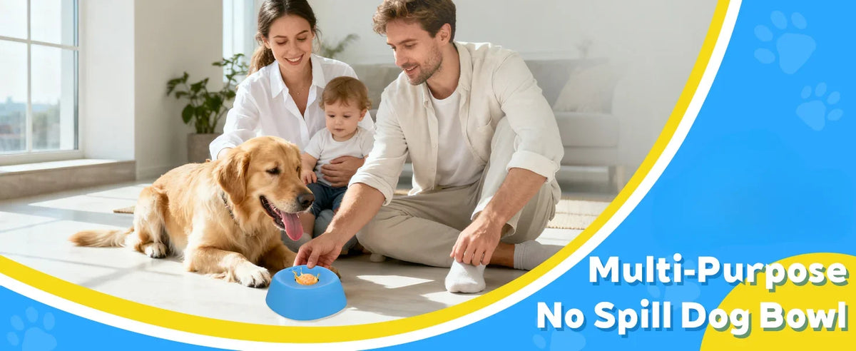 A family is shown with a dog using a multi-purpose no-spill dog bowl.