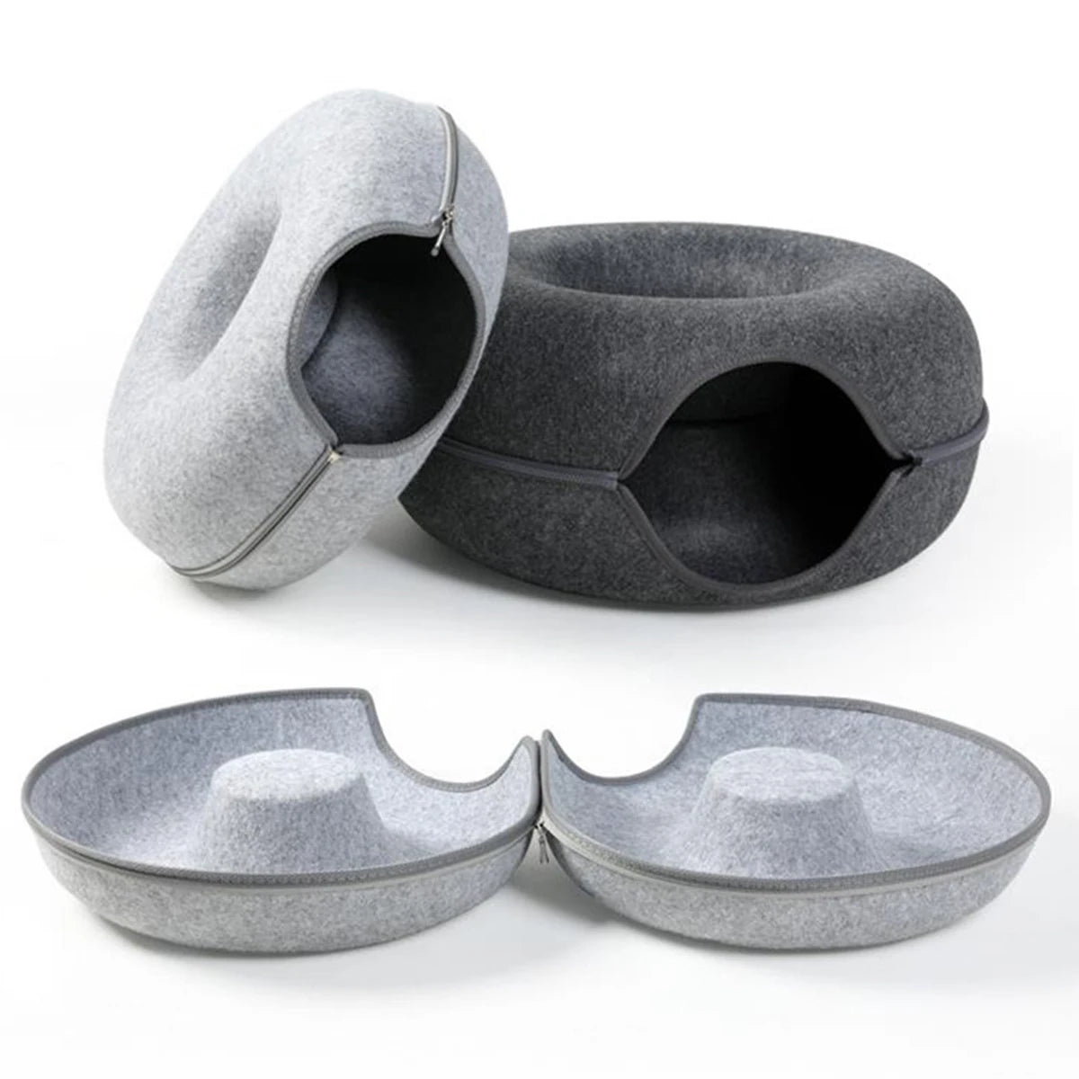 A gray felt cat bed featuring a tunnel nest design and a scratch surface.