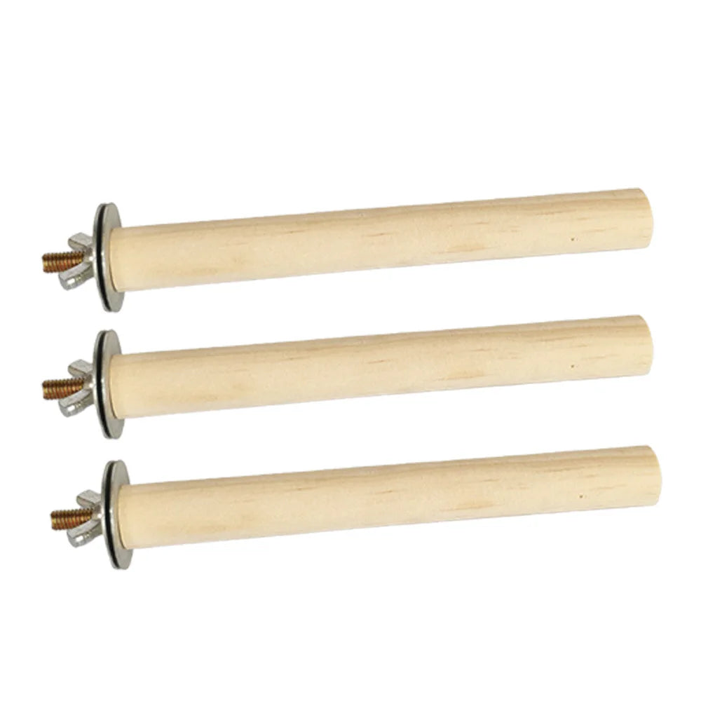 Three natural wood hanging perches with metal hardware for parrots