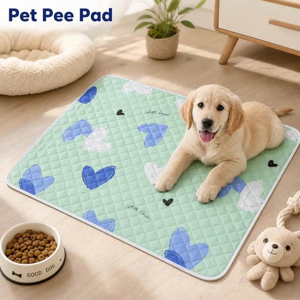 A light green pet pee pad with blue and white heart shapes is shown on a wooden floor next to a puppy and a bowl of dog food.