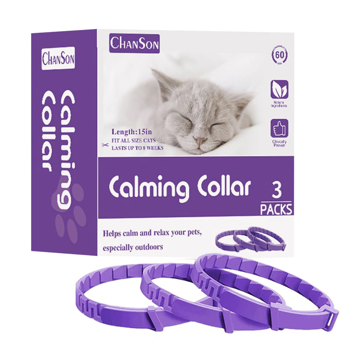 Box and purple silicone calming pheromone collars for pets with a cat illustration