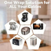 A collection of various household appliances and gadgets are shown, illustrating a single wrap solution for all cables.