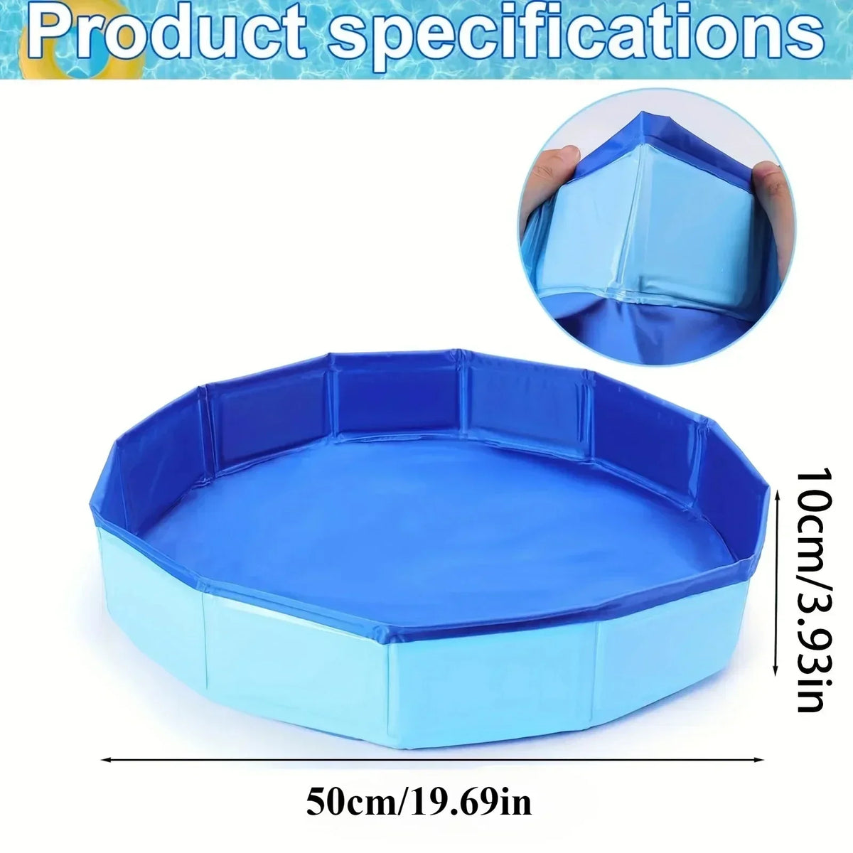 A bright blue foldable pet swimming pool for dogs and cats shown with a close-up view.