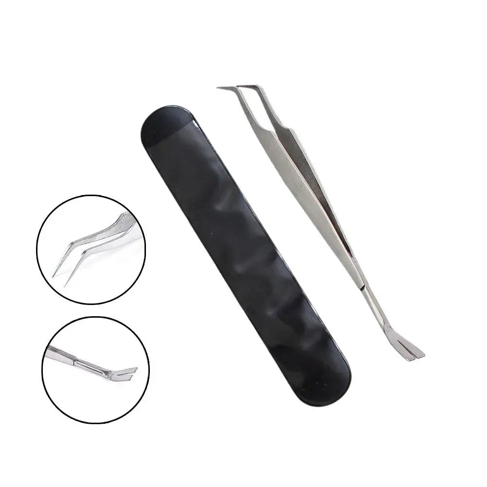 A black precision tick and flea remover tool with a silver metal tip shown alongside a close-up view of the tool.