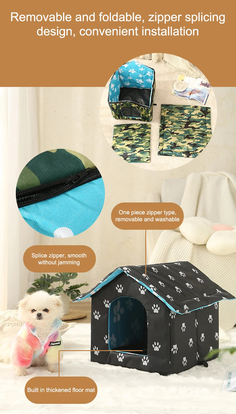Abri pour chat pliable à motifs noir et vert avec entrée zippée, montré à côté d'un petit chien.