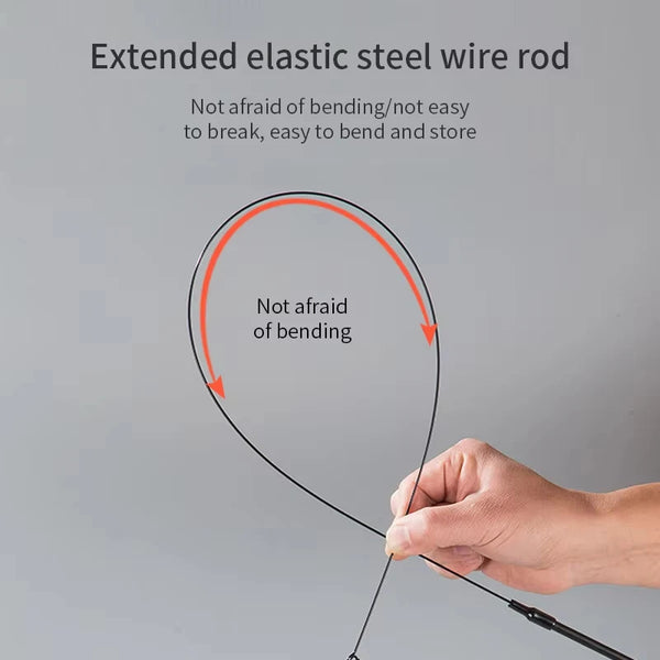A hand is bending an extended elastic steel wire rod to demonstrate its flexibility and durability.