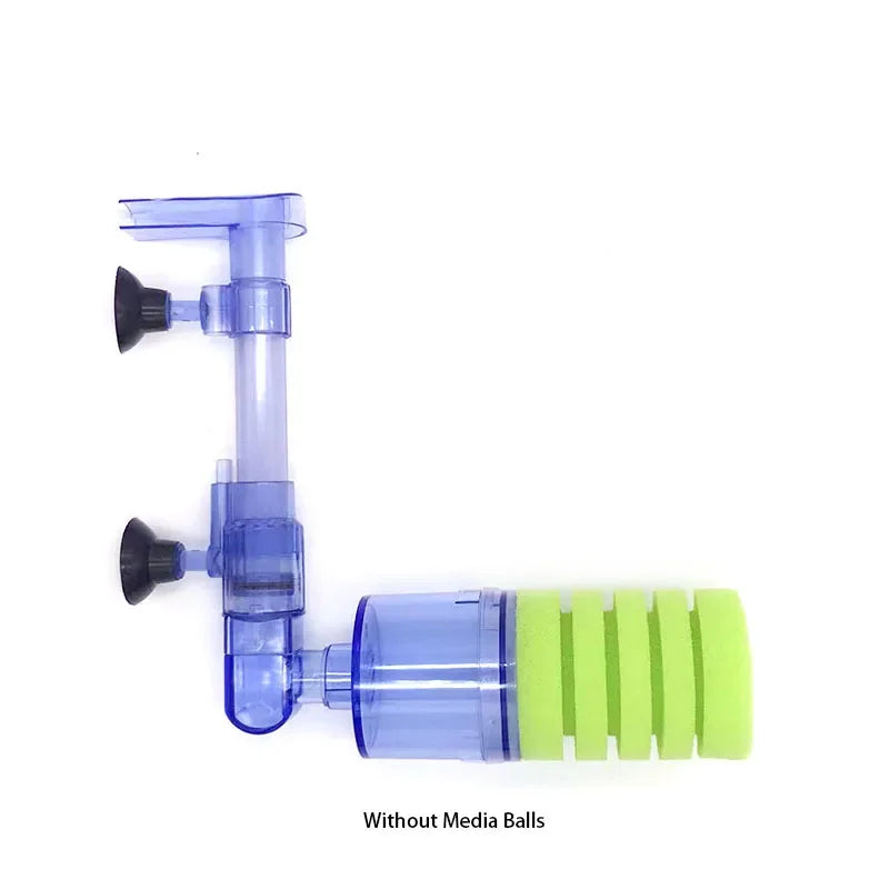 A clear blue aquarium biochemical sponge filter with a plastic tube and a green foam insert.