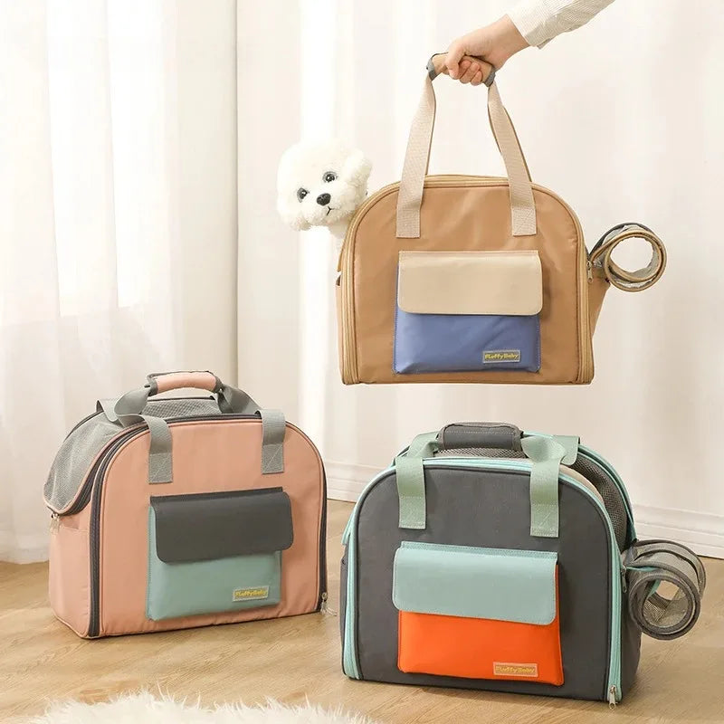 A beige pet carrier backpack is shown with a small white dog, next to a gray and orange version.