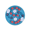 A blue puzzle feeder bowl with various colored silicone puzzle pieces for dogs and cats