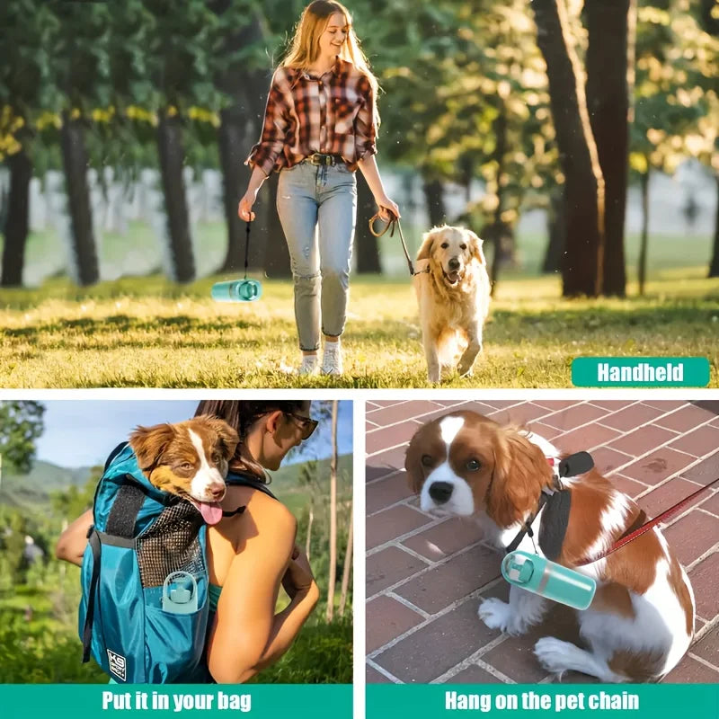 Eine Frau spaziert mit einem Hund und demonstriert die Verwendung eines ergonomischen Kot-Schaufels und einer Beuteldispensie