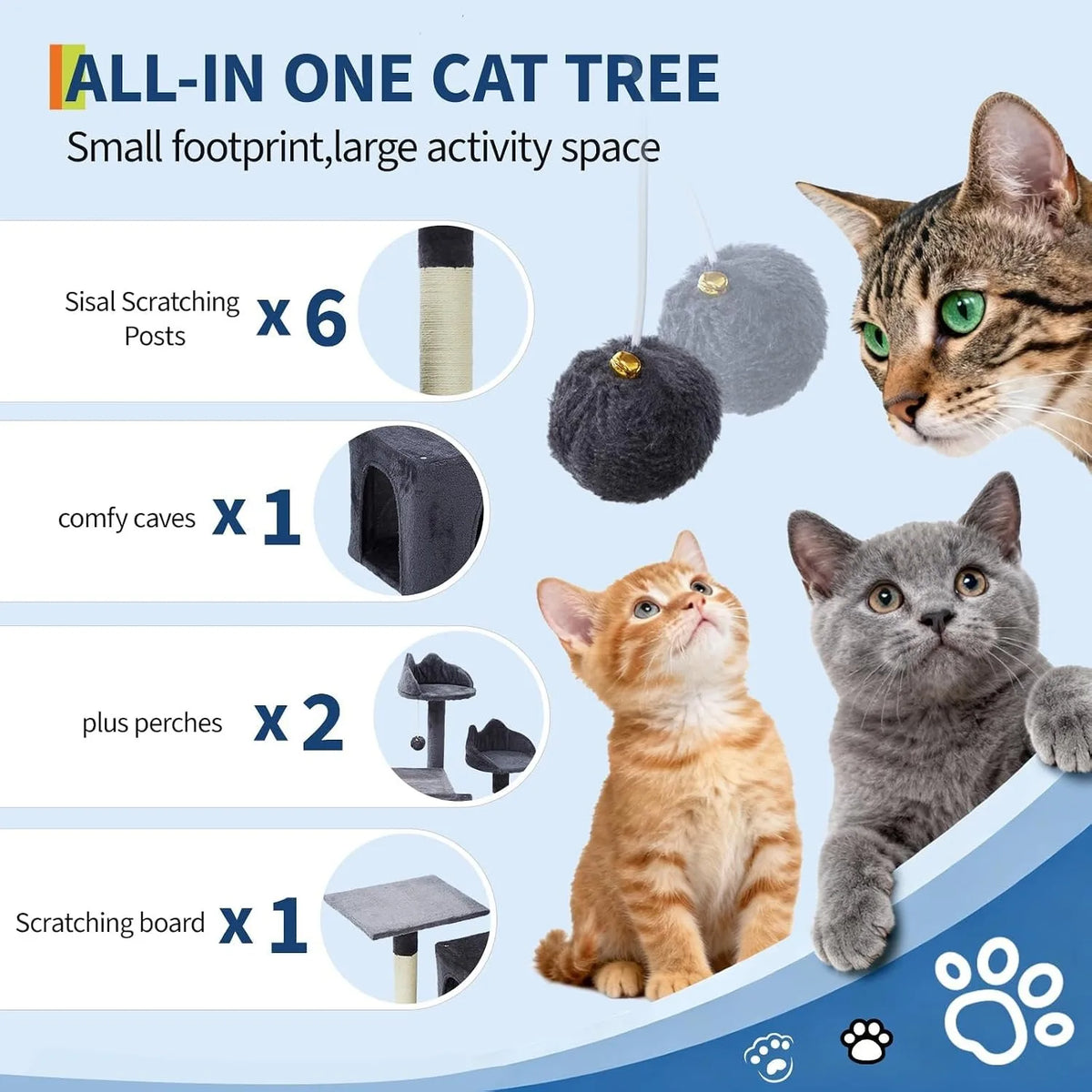 72-Inch Multi-Level Cat Tree with Scratching Posts, Condos & Hammock