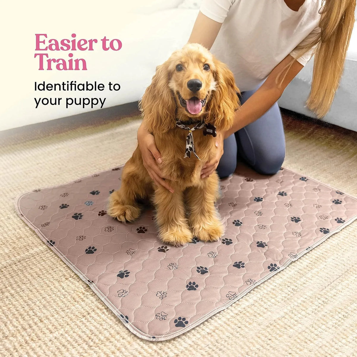 Eine Person hält einen Golden Retriever Welpen auf einem rosa wiederverwendbaren Hundekotpads zum Training.
