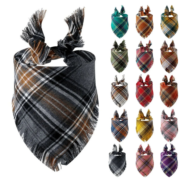 A collection of plaid tassel dog bandanas in various colors and patterns.