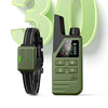 A green electric dog training collar and remote control device shown with text indicating 30 days long battery life.