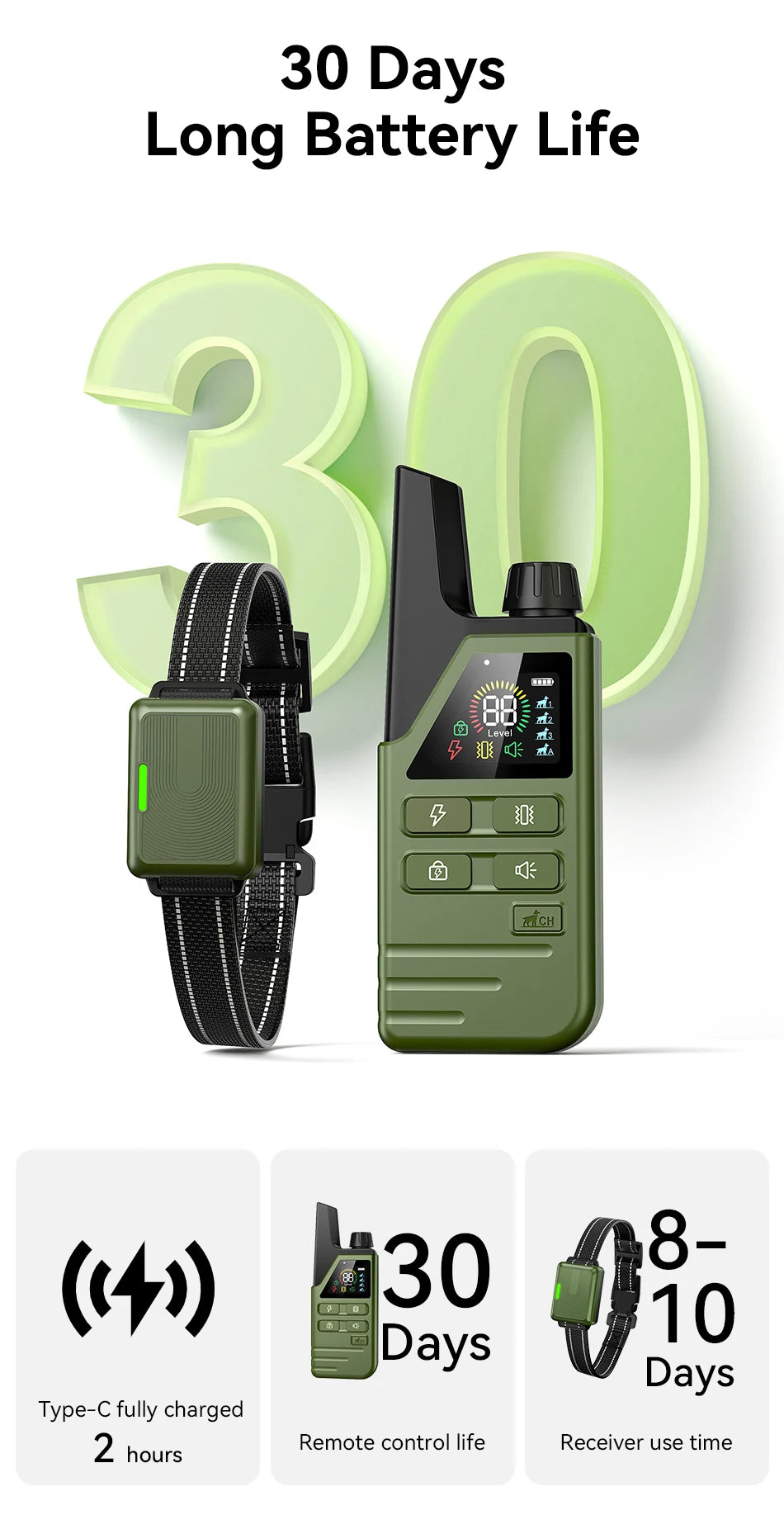 A green electric dog training collar and remote control device shown with text indicating 30 days long battery life.