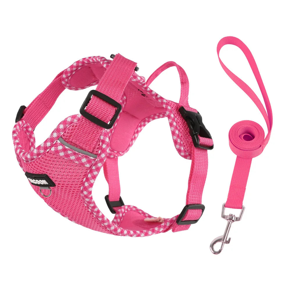 Pink breathable mesh dog harness and leash set with reflective trim