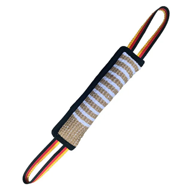 Durable jute tug of war toy for dog training with striped fabric handles