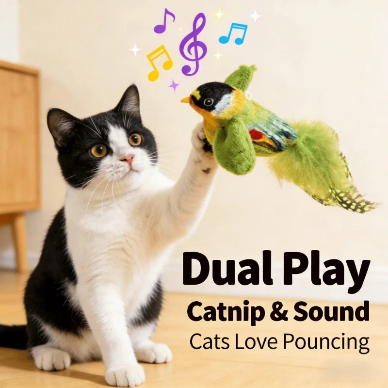 A black and white cat is interacting with a green bird toy that emits sound and catnip.