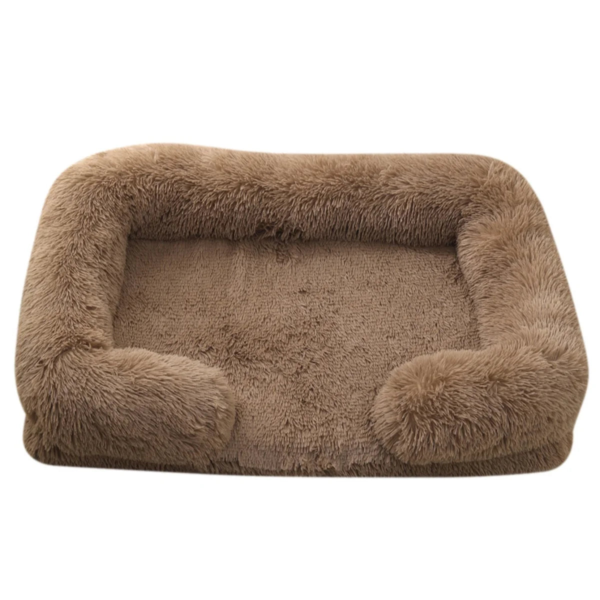 A brown orthopedic plush dog bed with a fluffy bolster.