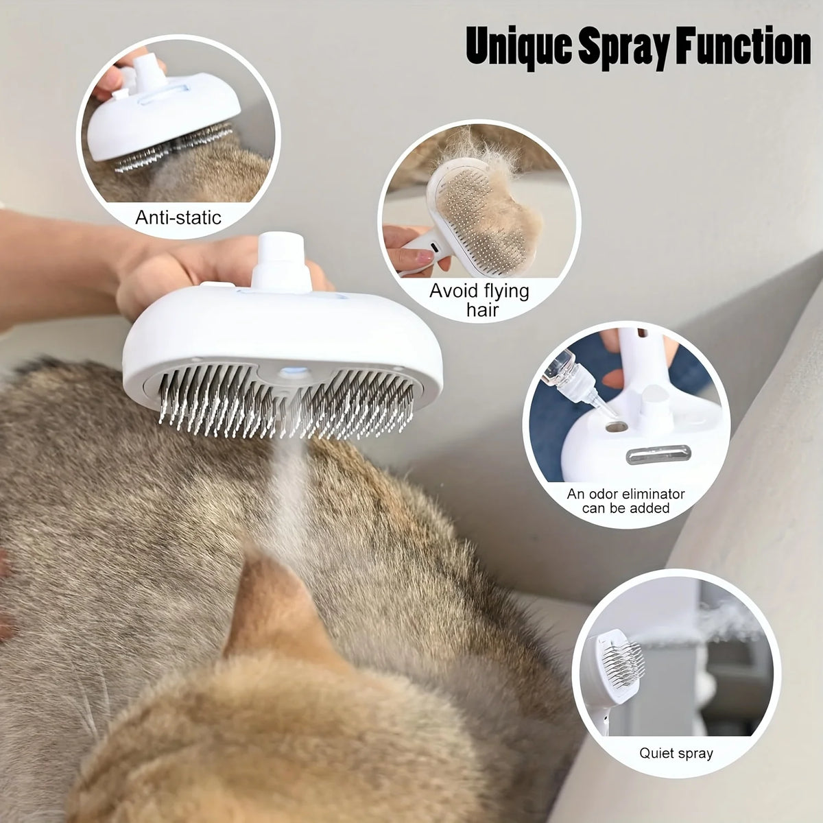 A white pet hair remover tool is shown with various functions including anti-static, avoiding flying hair, odor elimination, 