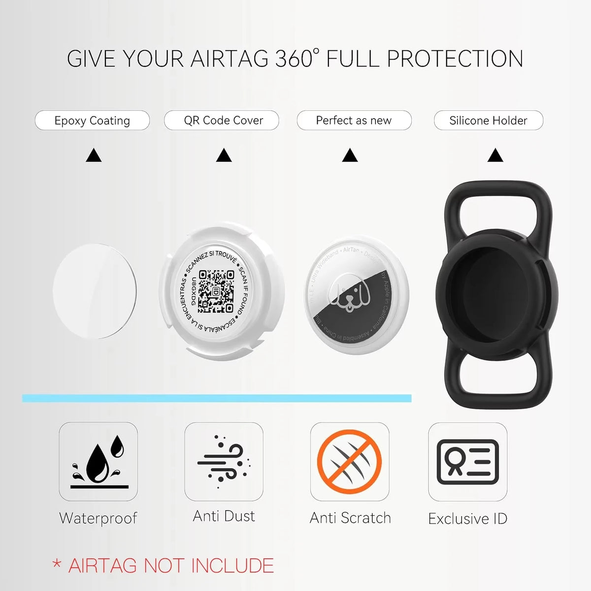A silicone AirTag holder with a QR code and a black silicone grip is shown alongside features like waterproof, anti-dust, ant