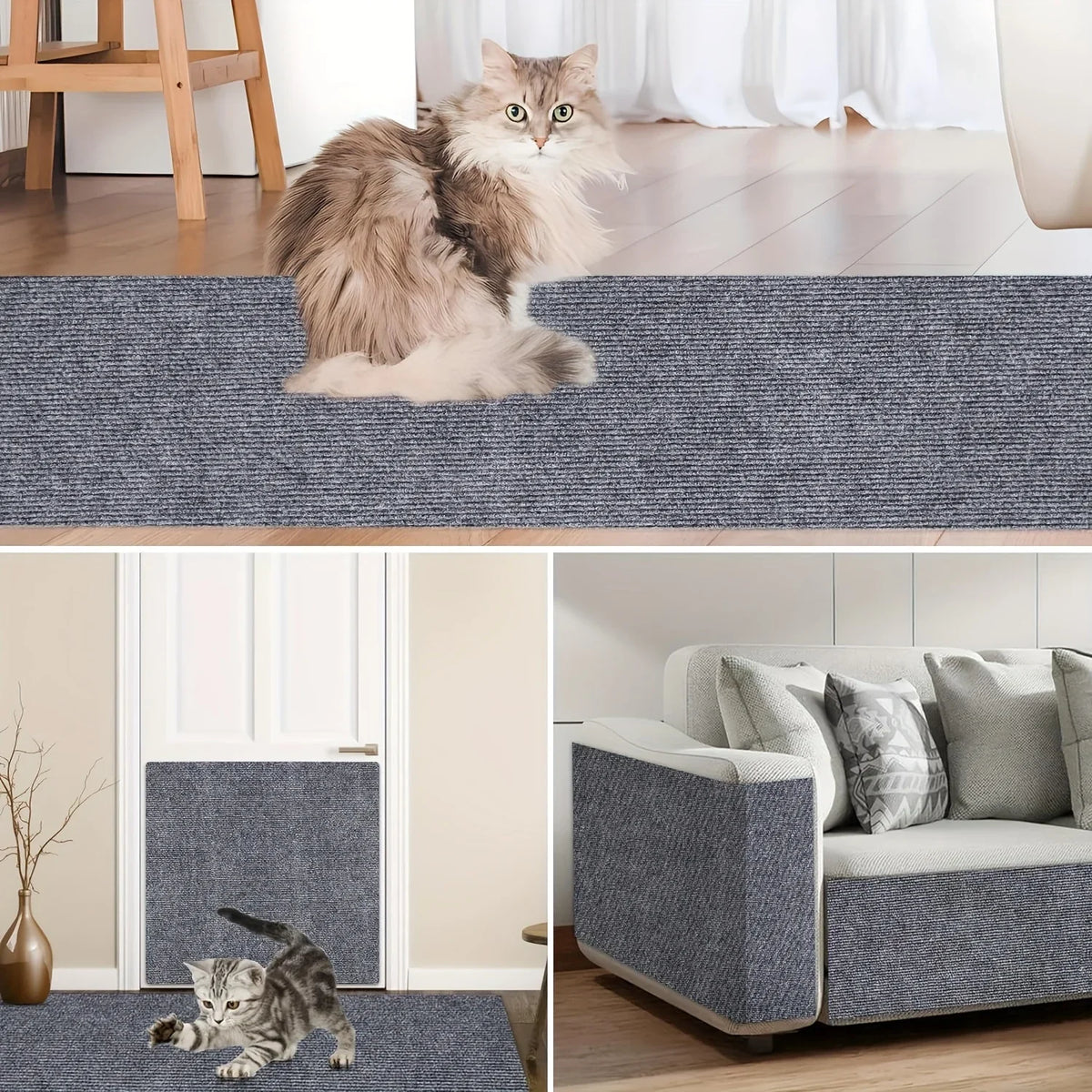 A fluffy gray cat is relaxing on a blue textured pad, demonstrating the trimmable self-adhesive cat scratcher product.