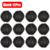 Twelve black reusable lint filter balls used for laundry