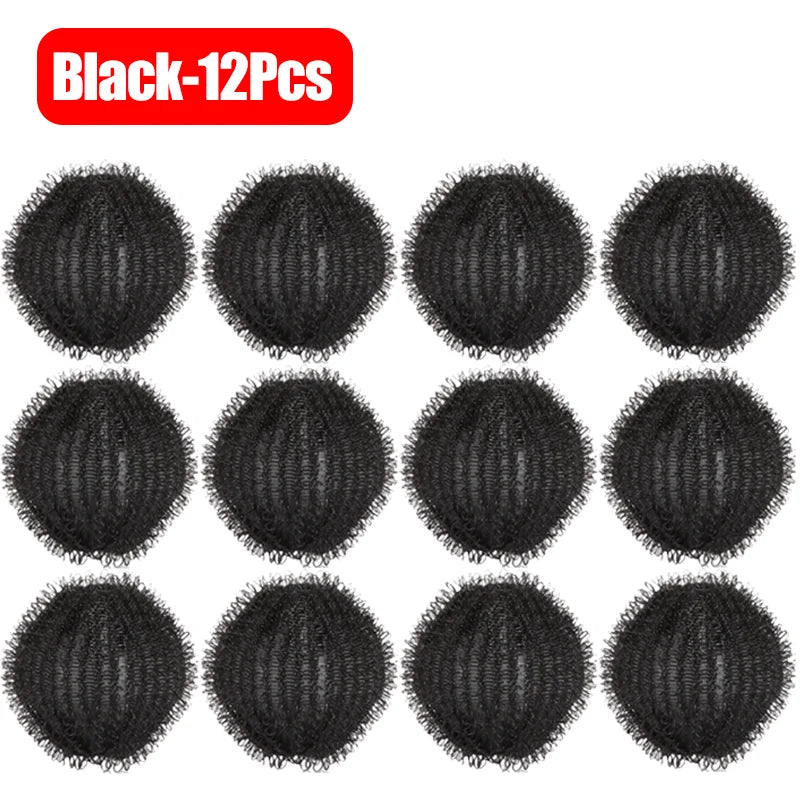 Twelve black reusable lint filter balls used for laundry