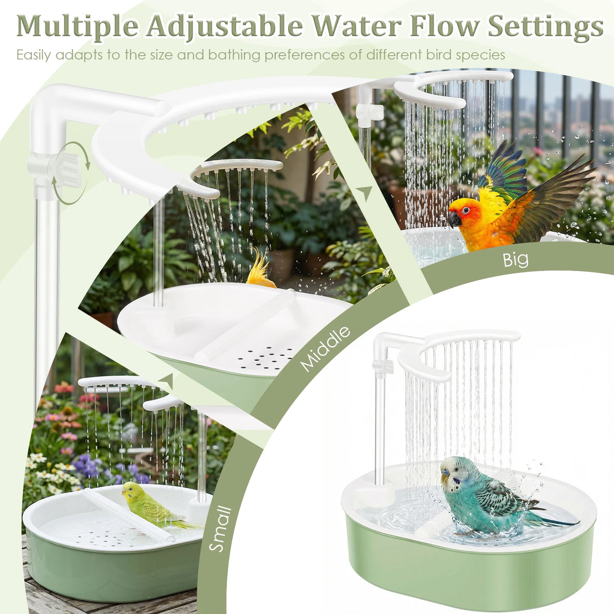 Multiple adjustable water flow settings for a bird bath, demonstrating big, middle, and small size options.