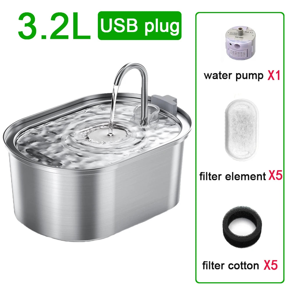 Edelstahl-Haustier-Wasserbrunnen mit 3,2L USB-Stecker, Filterelementen und Filterfaden.