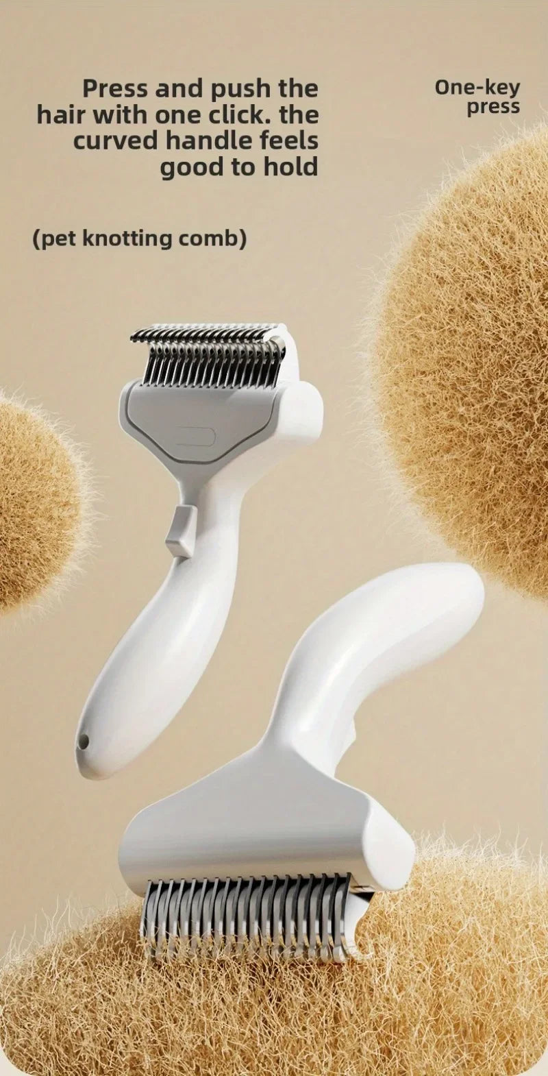 A white one-key press detangling pet grooming brush is shown against a background of light brown pet hair.