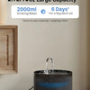 A black automatic pet water fountain is shown on a wooden surface.