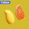 A yellow pet grooming brush with an orange bristled head is shown against a yellow background.