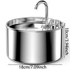 Stainless steel pet water fountain with a curved spout and filter mechanism.
