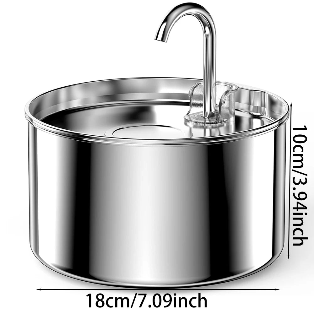 Stainless steel pet water fountain with a curved spout and filter mechanism.