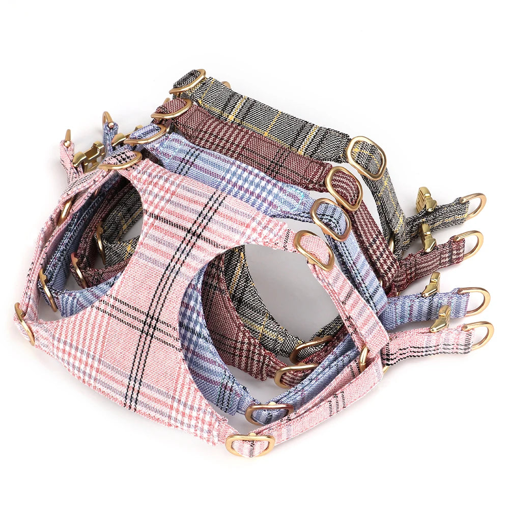 Classic Plaid Dog Collar, Harness & Leash Set with Bowtie