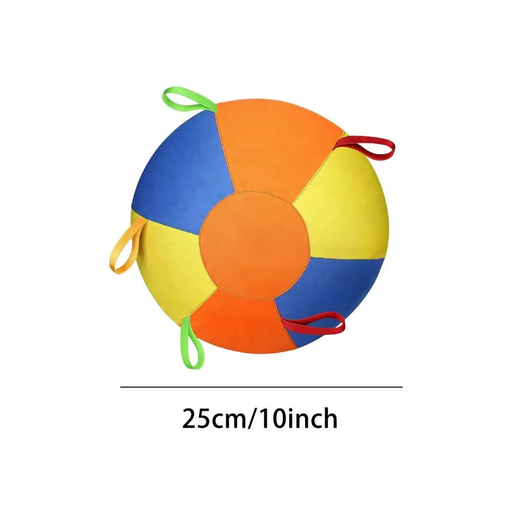 An orange and blue interactive herding ball toy for dogs with green handles.