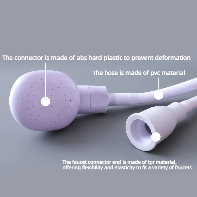 A purple 360° portable faucet sprayer with a long hose and flexible connector end for various cleaning purposes.