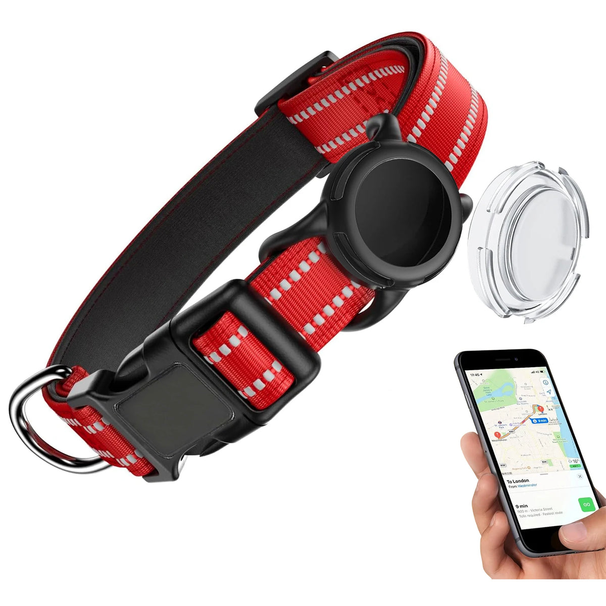 A black dog collar with red reflective strips and a silver safety buckle is shown next to a smartphone.