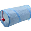A light blue, cylindrical fabric tunnel for cats with a clear peep hole and a hanging toy.