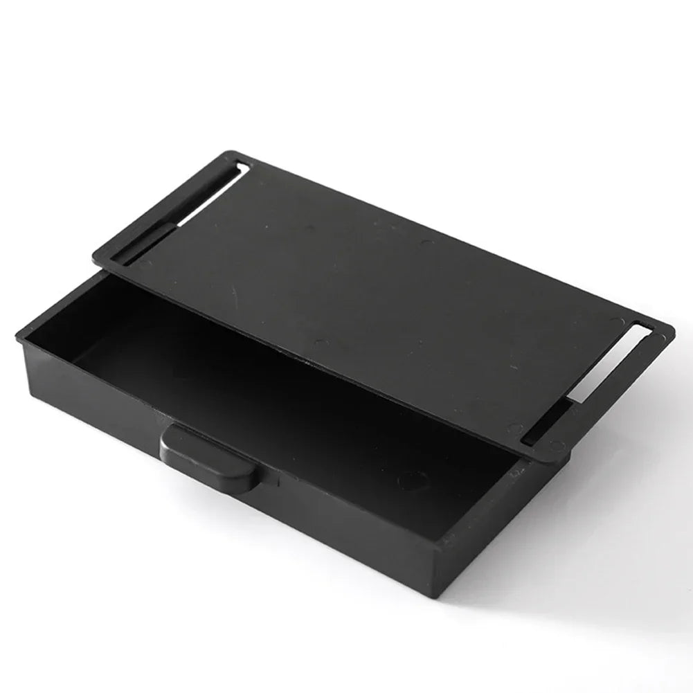 Black under desk drawer organizer with a dust-proof cover shown from above.