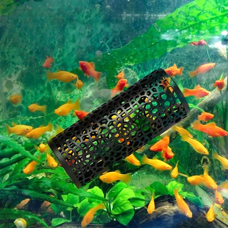 A black aquarium tunnel hideout structure submerged in green water with various small orange and yellow fish.
