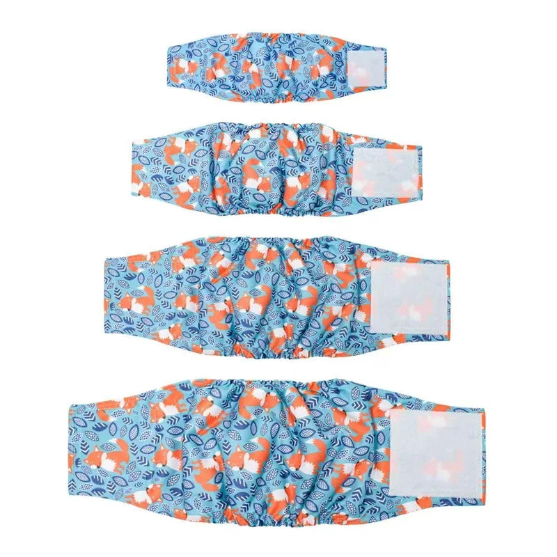 Un juego de correas lavables con patrón azul y naranja para pañales de perro.