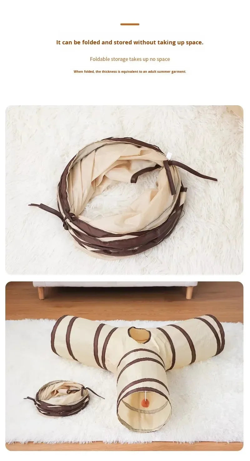 A folded brown pet play tunnel for cats and small animals shown on a white surface.