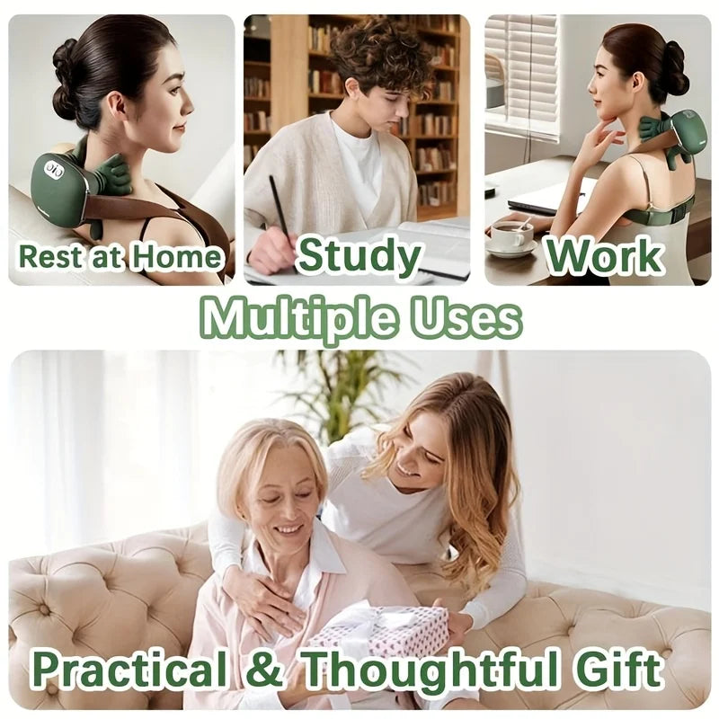 A rechargeable neck and shoulder massager is shown in various uses, including rest, study, work, and as a practical gift.