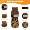 Detail of brown dog socks showing features like adjustable design, detachable design, and night reflective striping.